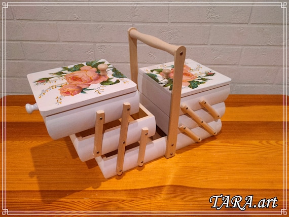 Holz Aufbewahrungsbox für Schmuck, decoupaged Nähkästchen mit Rosenmuster, großes Nähkästchen Akkordeon, Dekorative Box, schönes Blumenmotiv