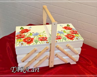 Sewing box accordion, wooden sewing box decorated with decoupage, jewelry storage box, field flowers, cornflowers and red poppies motive