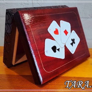 Boîte de rangement pour cartes de tarot de poker, boîte de cartes à jouer peinte à la main, porte-cartes en bois pour 2 jeux de cartes, boîte de cartes en bois, cadeau pour homme