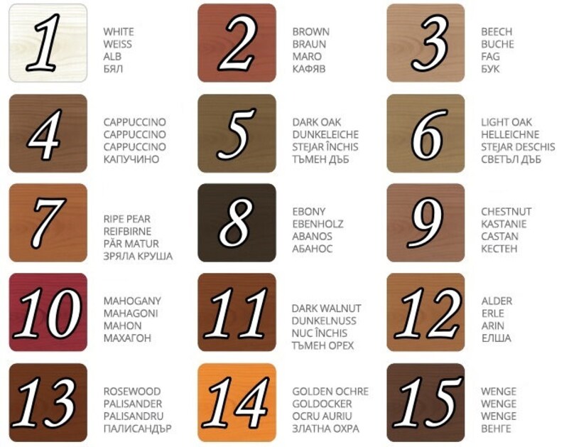 May include: A chart with 15 wood stain colors, numbered 1 through 15. Each color has a name in English and a corresponding name in another language. The colors range from white to dark brown.