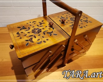 Caja de costura marrón grande, caja de almacenamiento de madera para kit de costura, caja plegable para joyas, caja de costura de madera grande tipo acordeón, caja ornamental