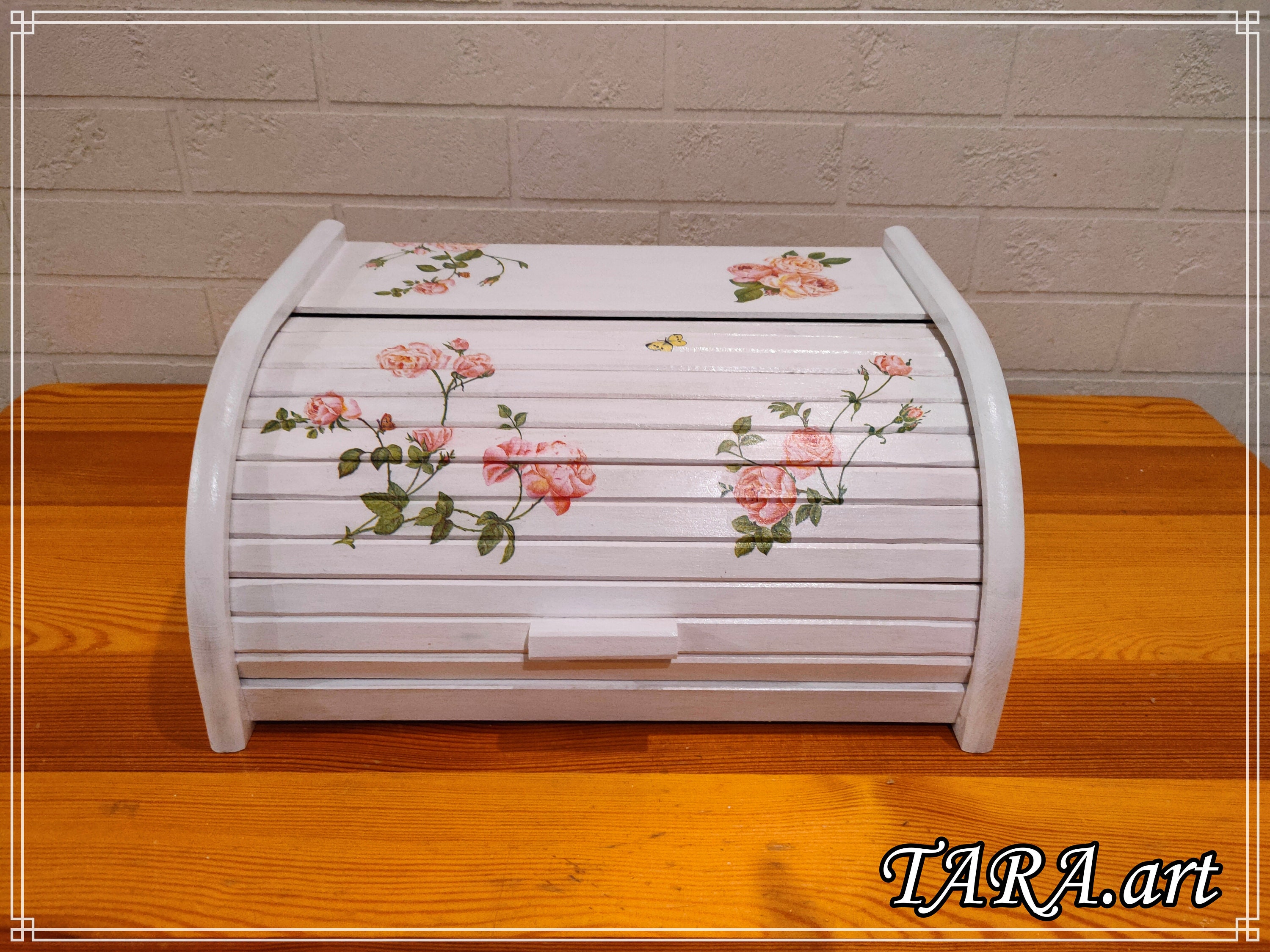 White Wooden Bread Box Decorated With Decoupage Wooden Bread Etsy