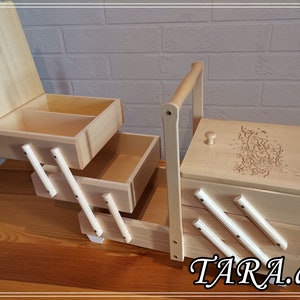 Natural wood sewing box, large storage box with engraved ornaments, big jewelry box with a tree motive, keepsake box, best present for woman