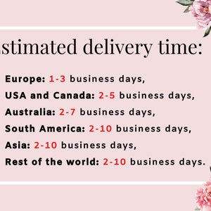 May include: Estimated delivery time for different regions: Europe 1-3 business days, USA and Canada 2-5 business days, Australia 2-7 business days, South America 2-10 business days, Asia 2-10 business days, Rest of the world 2-10 business days.