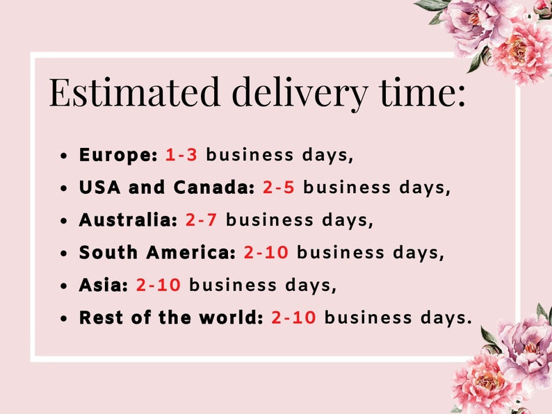 May include: Estimated delivery time for different regions: Europe 1-3 business days, USA and Canada 2-5 business days, Australia 2-7 business days, South America 2-10 business days, Asia 2-10 business days, Rest of the world 2-10 business days.