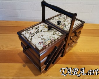 Dark sewing box with white soft material on lids, upholstered box, wooden jewelry box, cantilever sewing box, folding storage, gift for her