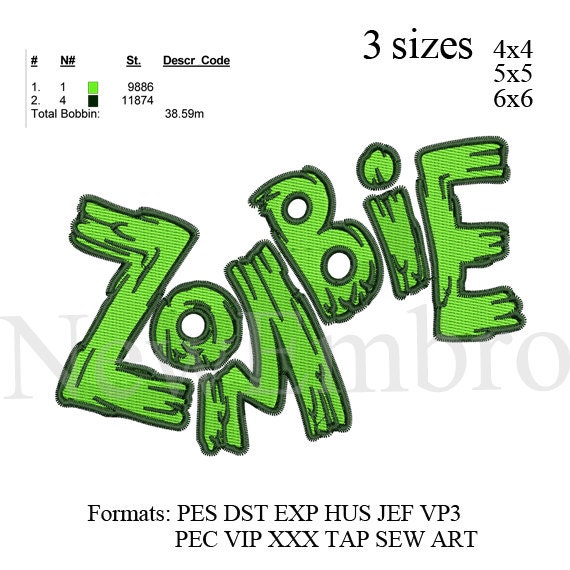 Zombie Word Embroidery Design Zombie Embroidery Pattern Etsy
