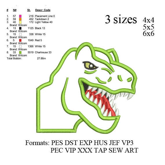 Cara de dinosaurio T-rex tenebrosa diseño del bordado de - Etsy México Cara de dinosaurio T-rex tenebrosa diseño del bordado de - Etsy México