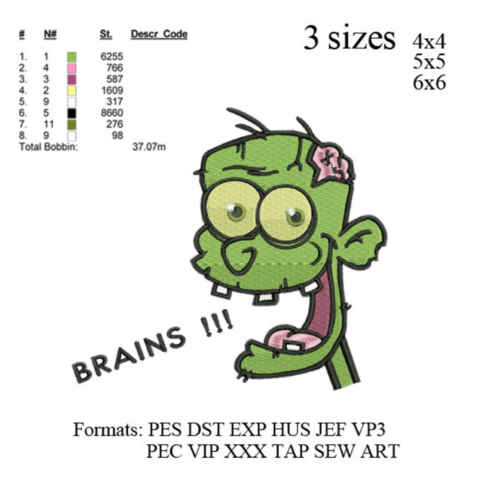 Zombie Head Embroidery Design Zombie Embroidery Pattern Etsy