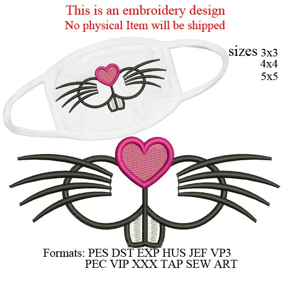 bunny face mask embroidery Design,bunny embroidery Design,Machine embroidery design,cute kitten Mask,heart nose bunny embroidery,bunny,3043