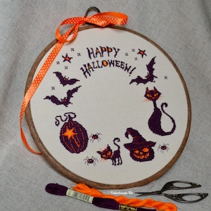 Halloween Kreuzstichvorlage digitaler download Kreuzstich moderne Kreuzstich Kunst point de croix Kürbis schwarze Katze lila Katze Fledermaus