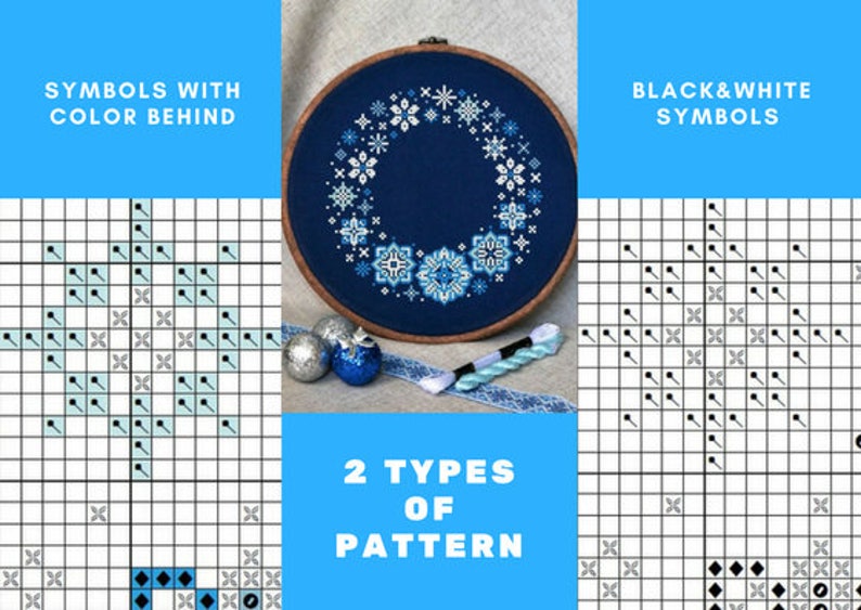 Modern cross stitch digital download cross stitch wall art cross stitch pattern home decor point de croix Winter blue wreath snowflake image 2