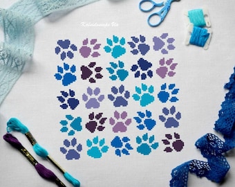 Blue paws - Cross stitch pattern for Cat or Dog lovers. Instant download Pdf file