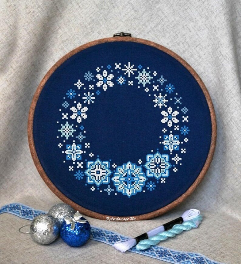 Modern cross stitch digital download cross stitch wall art cross stitch pattern home decor point de croix Winter blue wreath snowflake image 4