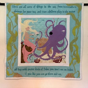 Handmade Mermaid and Octopus Tea party Quilt with Blonde mermaid. Wall hanging, textile art for child&#39;s room or baby gift