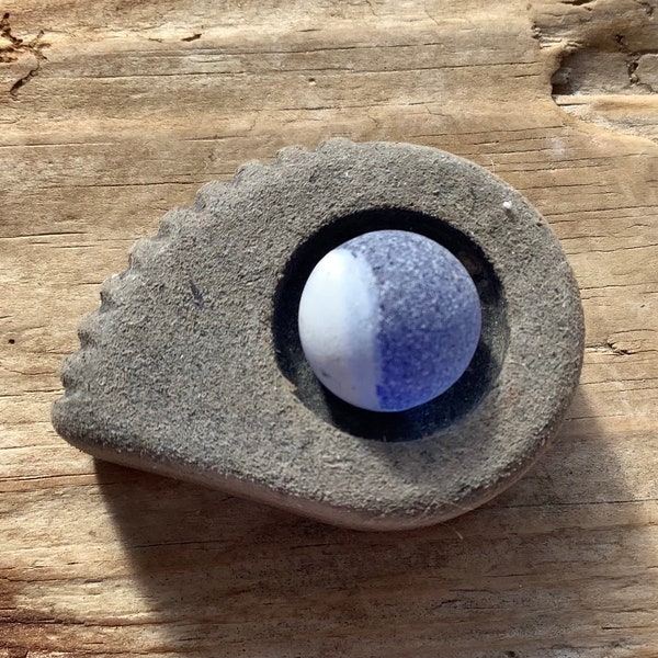 SCOTTISH SEA GLASS | Cobalt Blue/White Sea Glass Marble/Sea Worn Plastic Stand | Collectible Sea Glass l | SeaFindsScotland