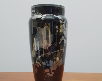 Rare Hyalith Black Glass with Silver Overlay - Flowers and Birds - Art Nouveau - Around 1910