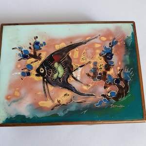Mid Century Enamel Can - Artist - Signed - Discus Fish - Handicrafts - Jewelry Box - Cigarette Can