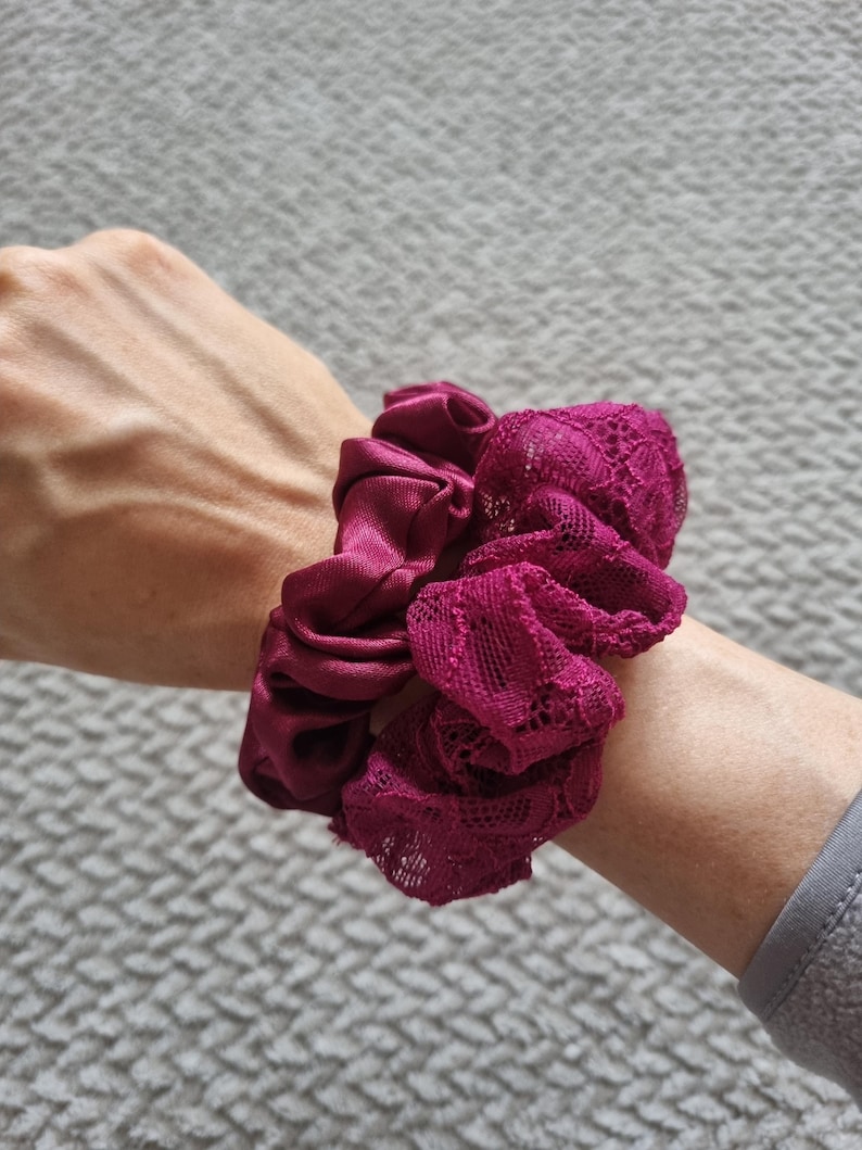 SALE Set of 2 Burgundy Satin Lace Hair Scrunchies • Lovesarah Lingerie ...