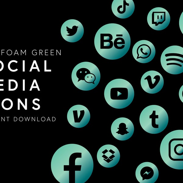 20 Social Media Icons, Website Icons, Social Sharing Icons, Sea Foam Green Social Media Icons, Branding, App Icons, Blog Icons