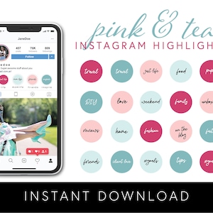 200 Pink and Teal Instagram Highlights, Social Media Template, Instagram Icons, Instagram Story, Influencer Highlights, Blogger Highlights