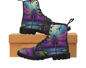 Kosmic Stormy Purple Dragonfly Pond Women's Canvas Boots