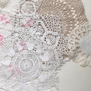 Lot of 7 Mixed Crochet Doilies in various sizes, shapes, and colors