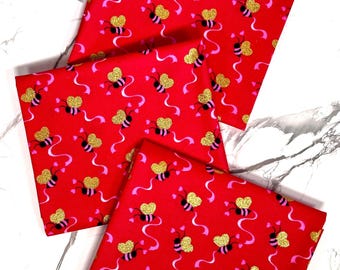 Valentines Tossed Bees and Hearts Glitter Quilting Cotton Fabric Fat Quarter - Fabric Traditions