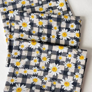 Margaridas em Fat Quarters de Algodão Xadrez Azul e Branco, Tecido Calico, Algodão Farmhouse