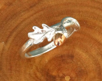 Oak Leaf & Acorn Ring | Handmade in Sterling Silver with Solid 9K Rose Gold Acorn