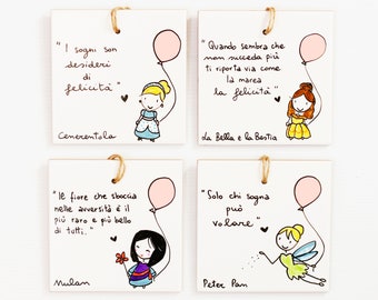 Baptême artisanal favorise phrases illustration personnages Disney princesses animaux carrelage céramique personnalisé