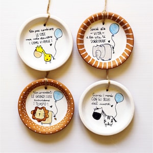 Bomboniere battesimo palloncino originali frasi illustrazione animali personalizzate piattino cotto da appendere comunione cresima