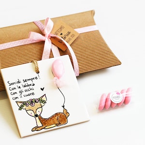 Bomboniere battesimo utili comunione cresima frasi illustrazione animali personalizzate ceramica mattonella piastrella gabbianella gatto