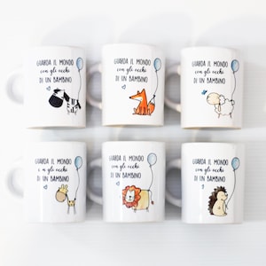 Bomboniere battesimo nascita comunione cresima tazzine caffè personalizzate frasi illustrazione ceramica