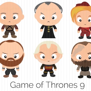 May include: Illustration of nine cartoon characters from the TV show Game of Thrones. The characters are drawn in a simple style with large heads and small bodies. The characters are all wearing different outfits and have different expressions on their faces. The text "Game of Thrones 9" is written below the characters.