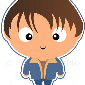 May include: Cartoon illustration of a boy with brown hair wearing a blue jacket, brown sweater, blue jeans, and brown shoes.