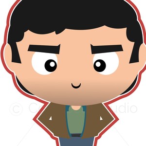 Könnte beinhalten: Cartoon-Illustration einer Person mit schwarzen Haaren, braunen Augen und einem kleinen Lächeln. Die Person trägt eine braune Jacke, ein grünes Hemd, eine blaue Jeans und schwarze Schuhe.