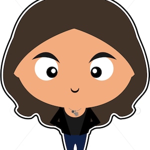 May include: Cartoon illustration of a person with long brown hair wearing a black jacket, blue jeans, and a silver necklace with a pendant. The person has a smiling expression with large eyes.
