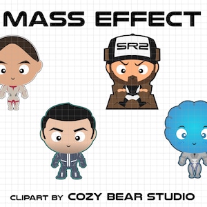May include: Four cartoon characters from the Mass Effect video game series. The characters are Commander Shepard, Garrus Vakarian, Liara T'Soni, and Mordin Solus. The characters are all in a chibi style and are wearing their signature outfits.