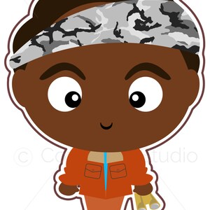 Könnte beinhalten: Eine Cartoon-Illustration einer Person mit brauner Haut, die ein Tarnband, eine orangefarbene Jacke, eine blaue Jeans trägt und ein Fernglas hält.