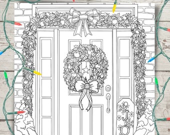 Página para colorear del porche delantero decorado de Navidad, descarga digital, vacaciones de invierno, corona, arco de Navidad