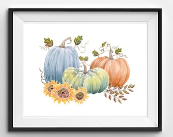 Impresión de calabazas y girasoles de otoño, DESCARGA DIGITAL, arte mural otoñal, acuarela de calabaza en PDF