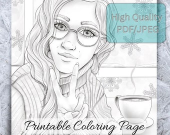 Página para colorear en escala de grises imprimible en invierno, Chica en una cafetería, DESCARGA DIGITAL