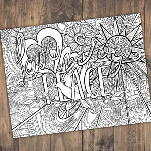 Detailed adult coloring page, DIGITAL DOWNLOAD, printable love, joy, peace, positive and uplifting for mental health and relaxation
