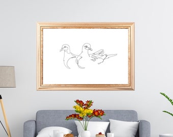 Lámina artística de pareja de palomas, decoración minimalista para habitación infantil (descarga digital)