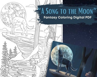 Página para colorear de Lobo y Doncella, Arte Fantástico Lunar (Descarga digital)