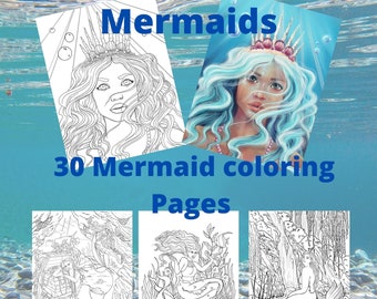 Libro para colorear de sirenas, arte fantástico, 30 páginas (descarga digital)