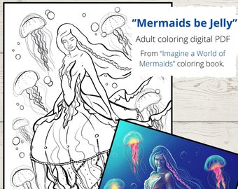 Página para colorear de medusas sirenas, arte fantástico (descarga digital)