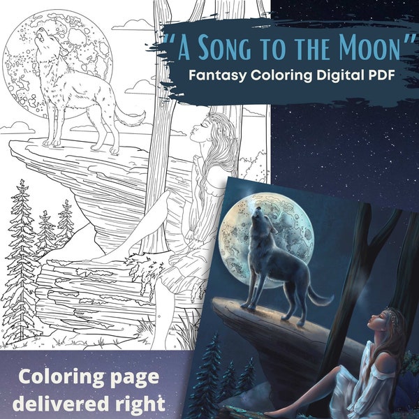 A song to the Moon, wolf fantasy coloring page, DIGITAL DOWNLOAD, adult coloring, woodland maiden, full moon,