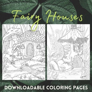 Two Fairy House coloring pages, DIGITAL DOWNLOAD, acorn and an old boot, printable fantasy adult coloring page